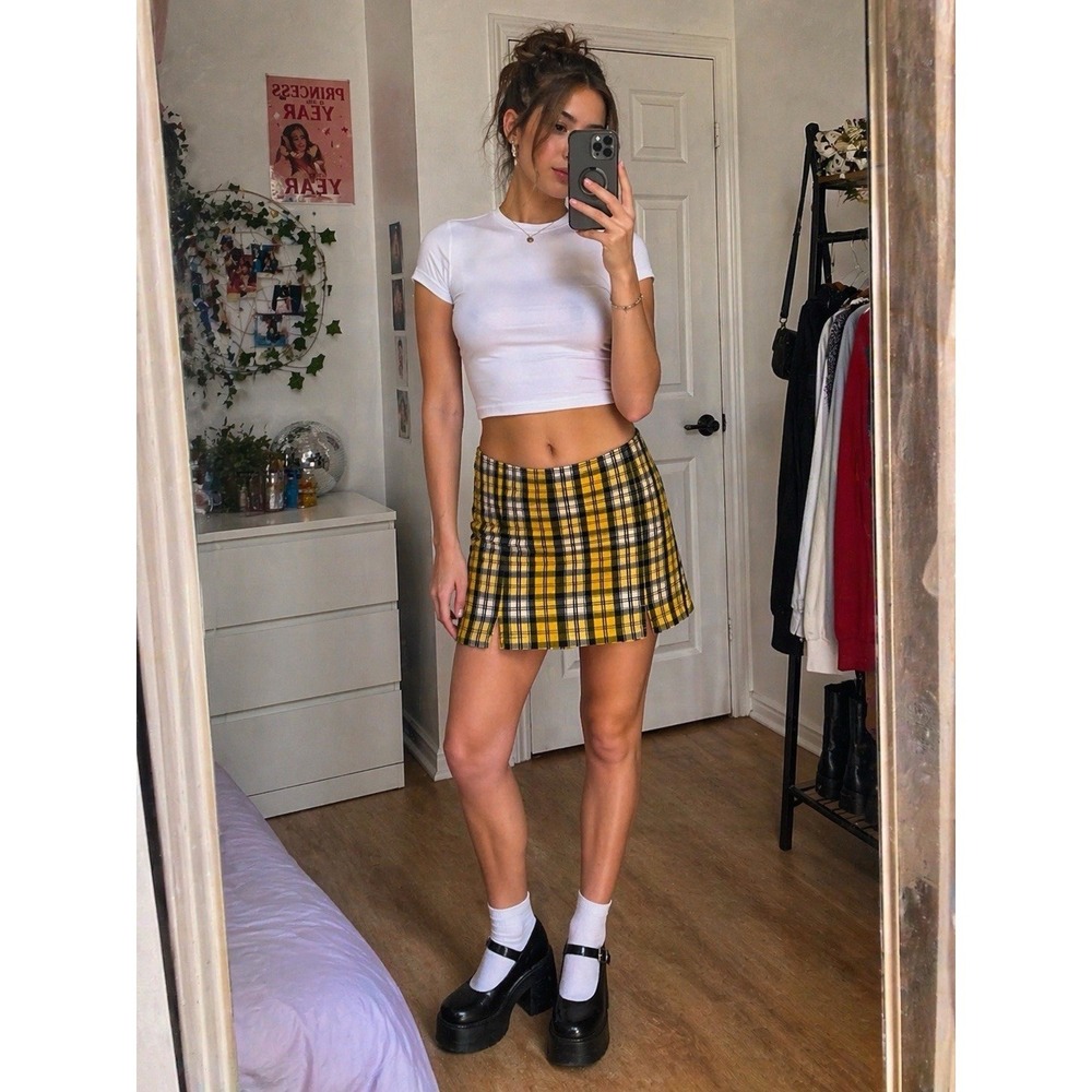 Hollister Yellow Plaid Mini Skirt Ultra High-Rise Size L Clueless Y2K Preppy